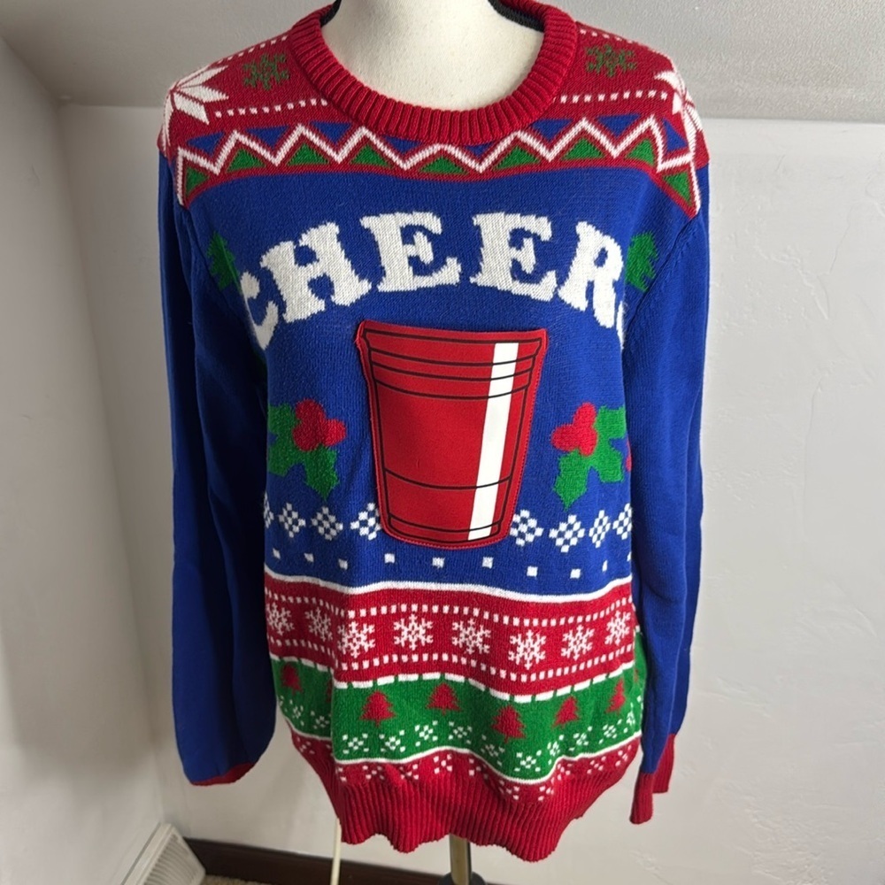 Hybrid Holiday Sweater Cheers Ugly Christmas Sweater Cup Holder Size M